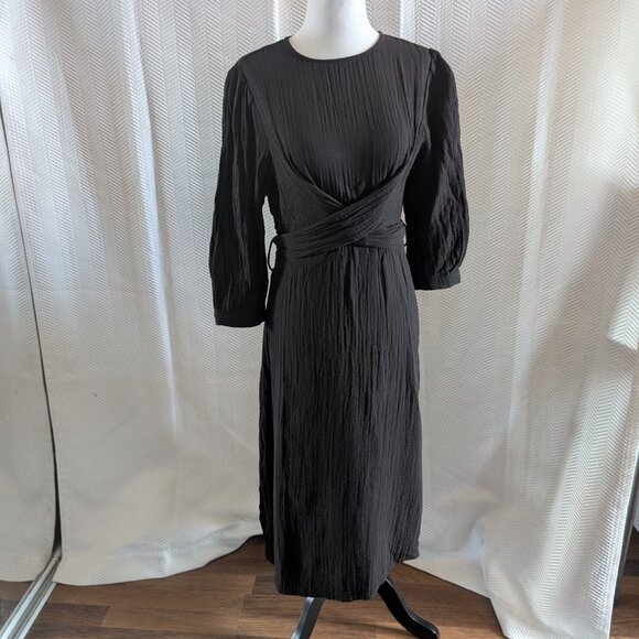 Zara Black Cotton Gauze Midi Dress with Slits and Back Tie Size Small Minimalist - Picture 1 of 12